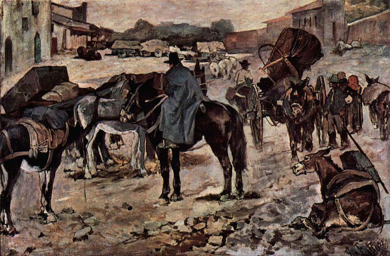 Giovanni Fattori Dorfstrasse mit Bauern, Maultieren und Handlern oil painting picture